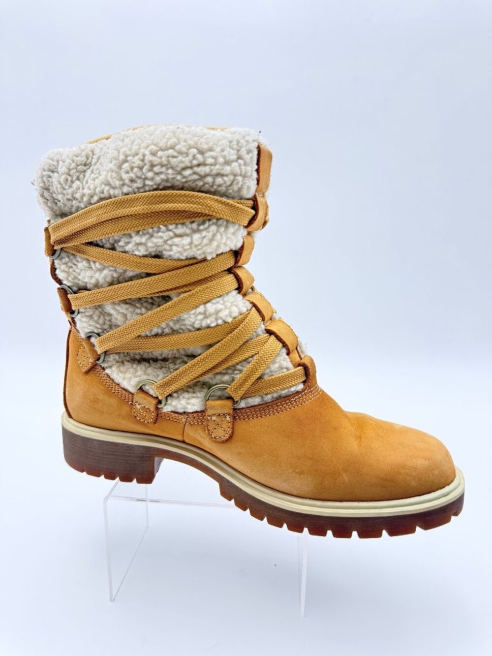 Timberland Womens Shearling-Lined Leather Winter Boots Tan Lace-Up Size 7 Rubber